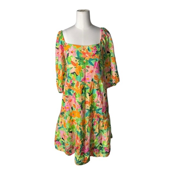 Sanctuary Linen Blend Weekend Babydoll Dress Women's L Escape Tiered Square Neck - Picture 4 of 5